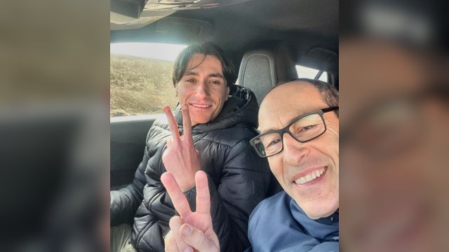 Giovanni Albano and Vincenzo Punzo taking a selfie inside a test vehicle before the CTAG experiments