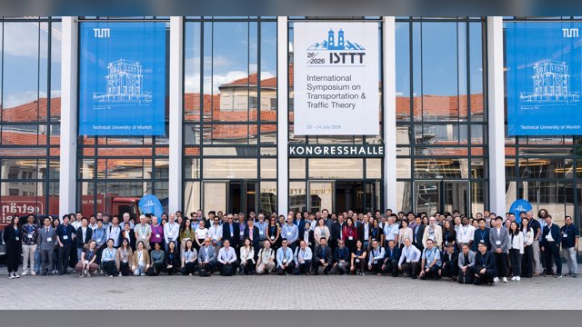 ISTTT26 participants posing outside the congress hall at the Technical University of Munich